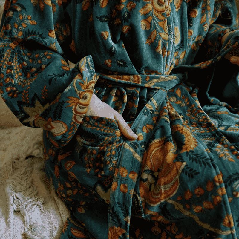 Velvet Green Orange &amp; Blue Floral naisten kimono aamutakki Puuvillavaatteet Powell Craft 