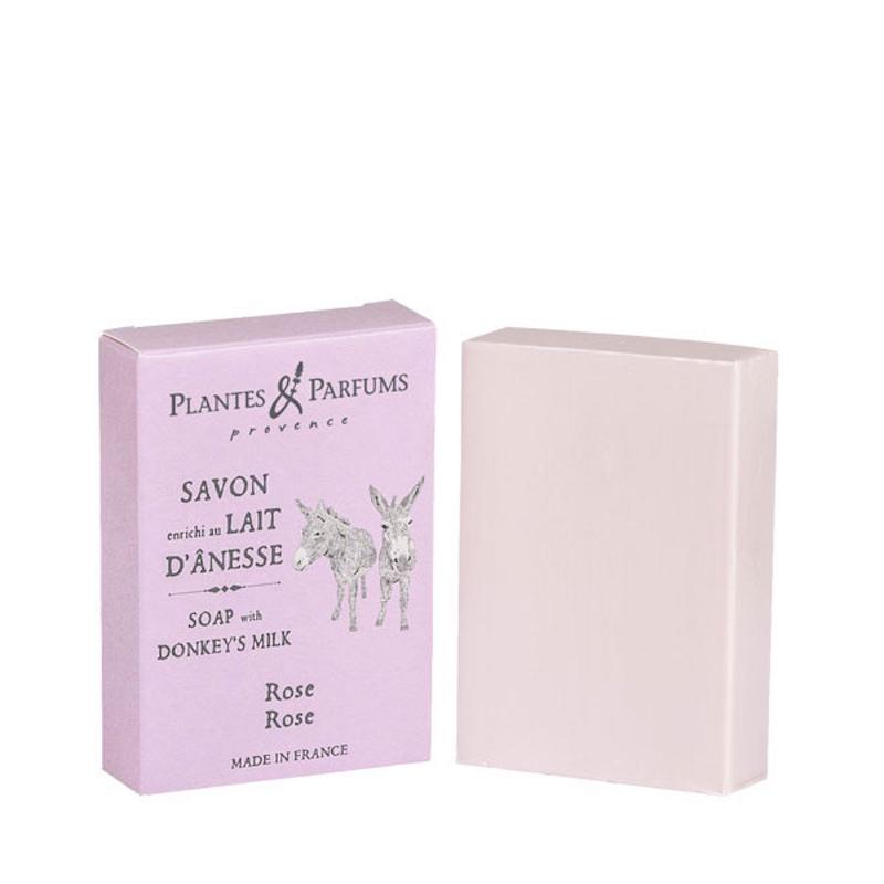 Plantes & Parfums Provencen 100 gramman ruusuntuoksuinen aasinmaitopalasaippua vaaleanpunaisessa kartonkipaketissa.