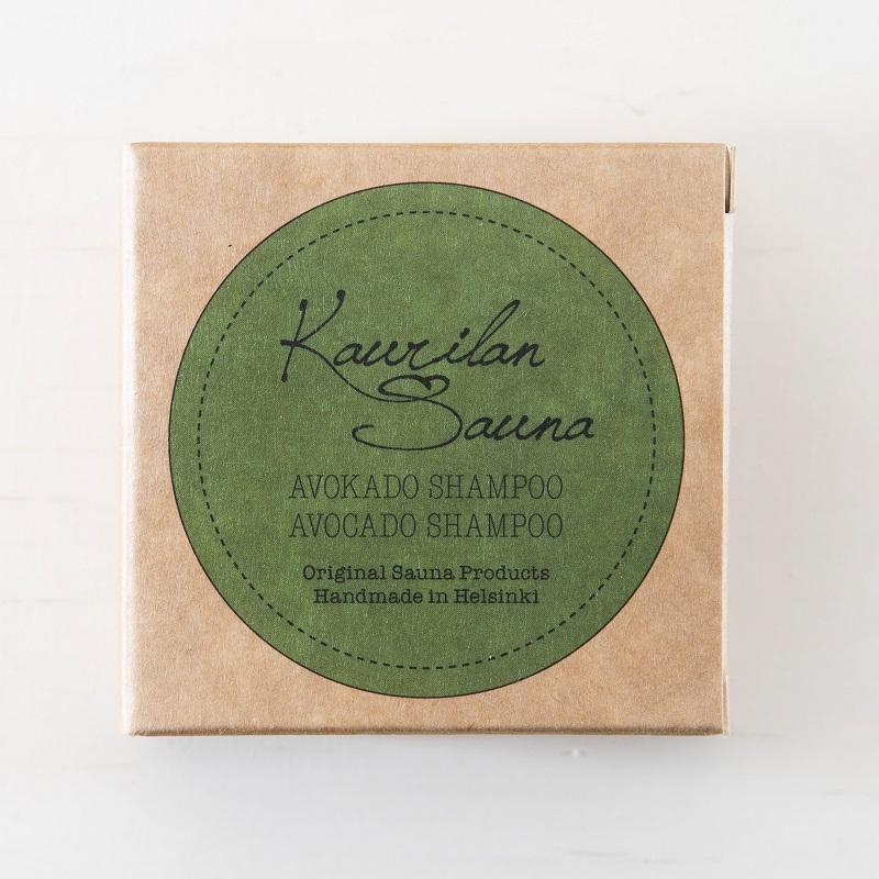 Kaurilan saunan 90 gramman avocado-palashampoo ekologisessa pahvipakkauksessa. 