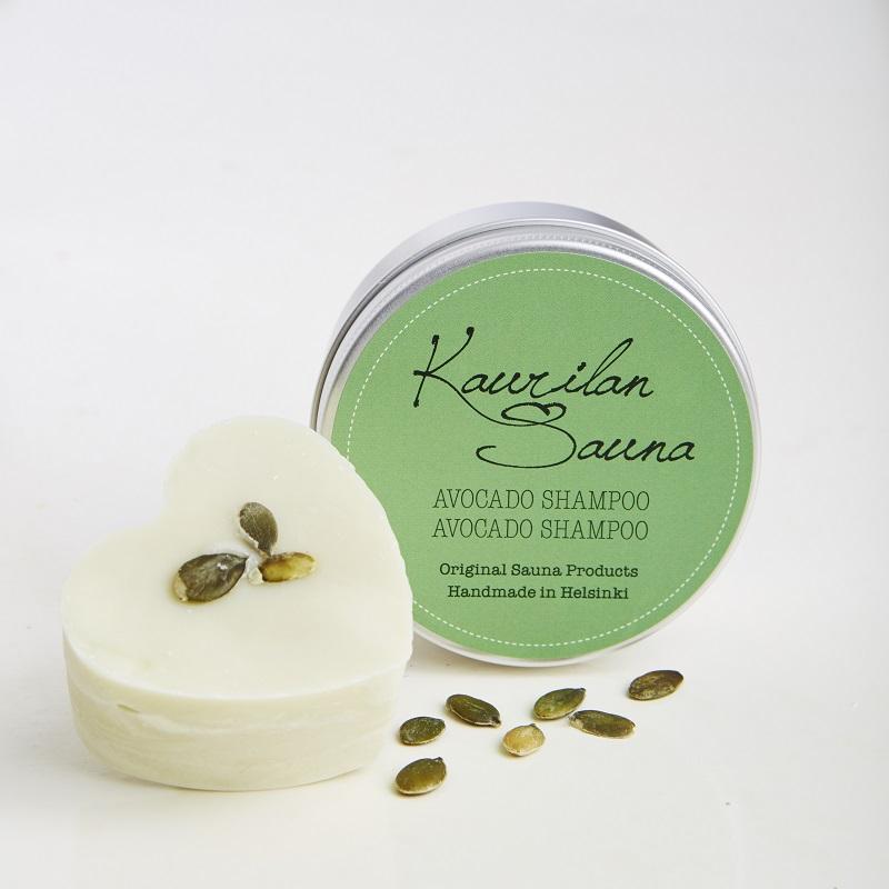 Kaurilan saunan 90 gramman avocado-shampoo ja sen metallinen rasia, jossa on vihreä etiketti.