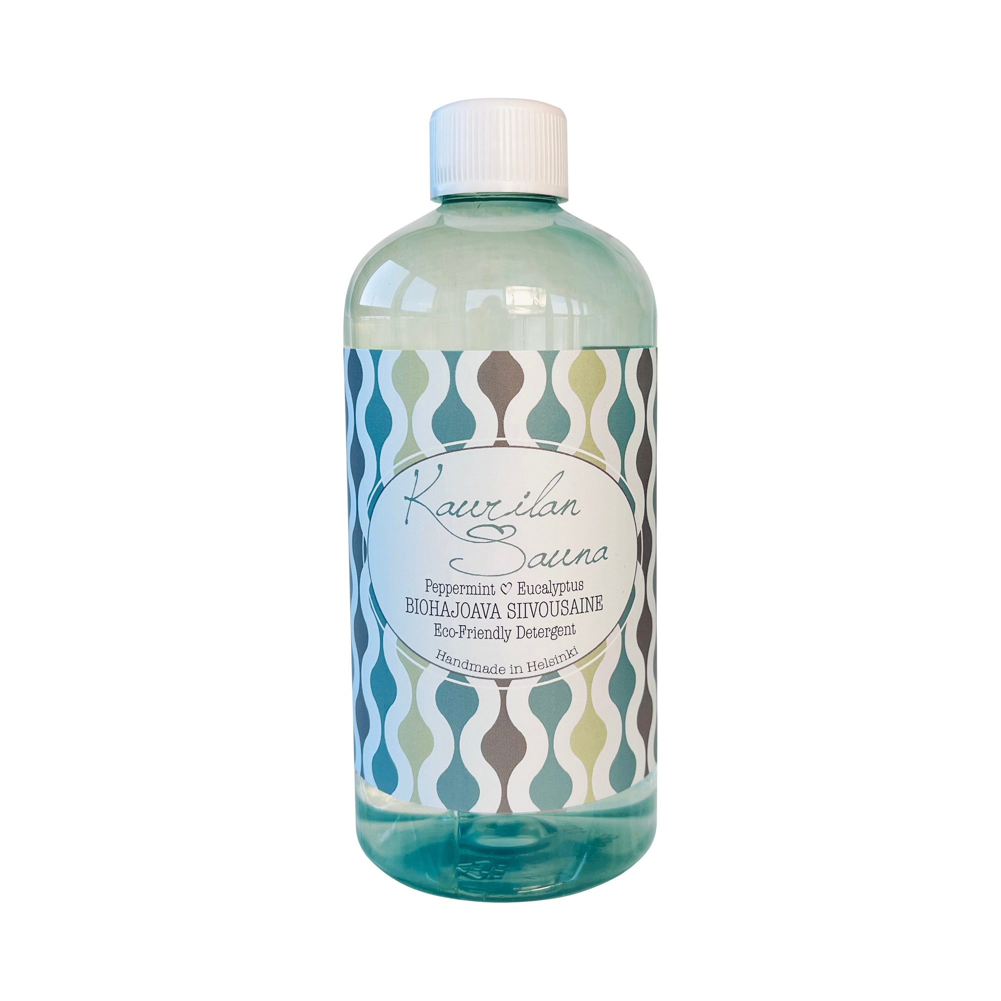 Kaurilan saunan Biohajoava siivousaine 500 ml muovipullossa, jonka etiketissä on vihreänsävyisiä kuvioita.