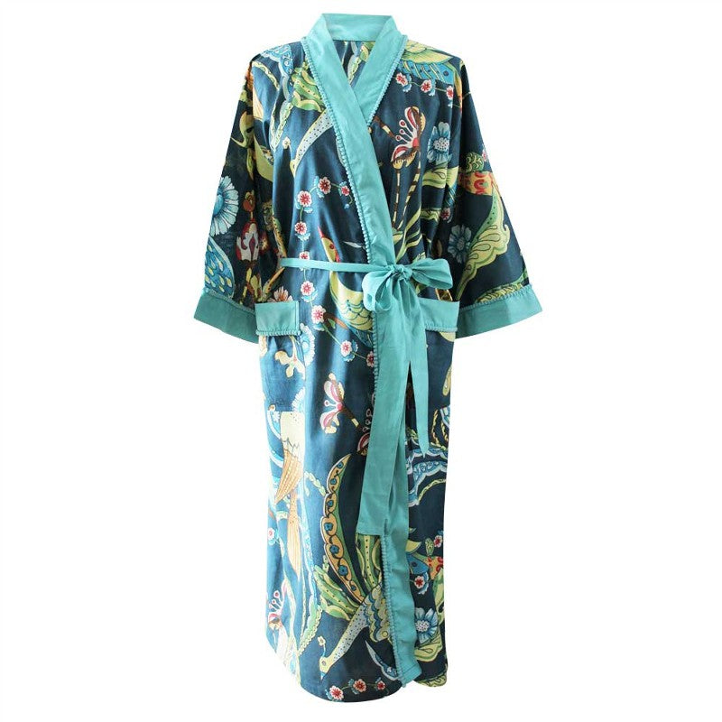 Blue Floral Exotic Bird naisten kimono aamutakki Puuvillavaatteet Powell Craft 