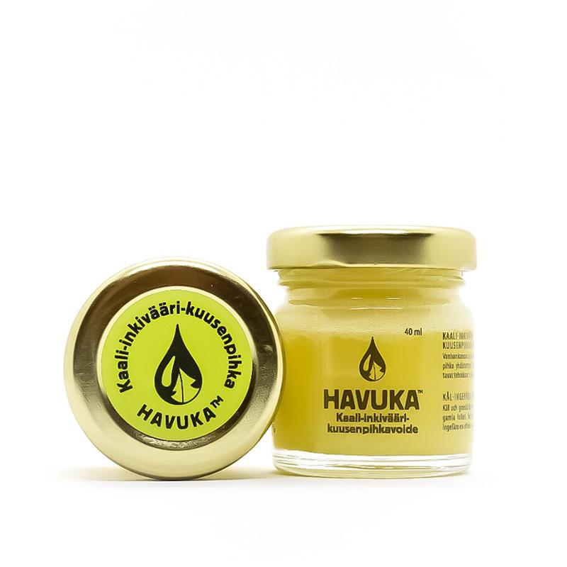 Havuka Kaali-inkivääri-kuusenpihkavoide 40ml lasipurkissa, jossa metallinen kierrekorkki.