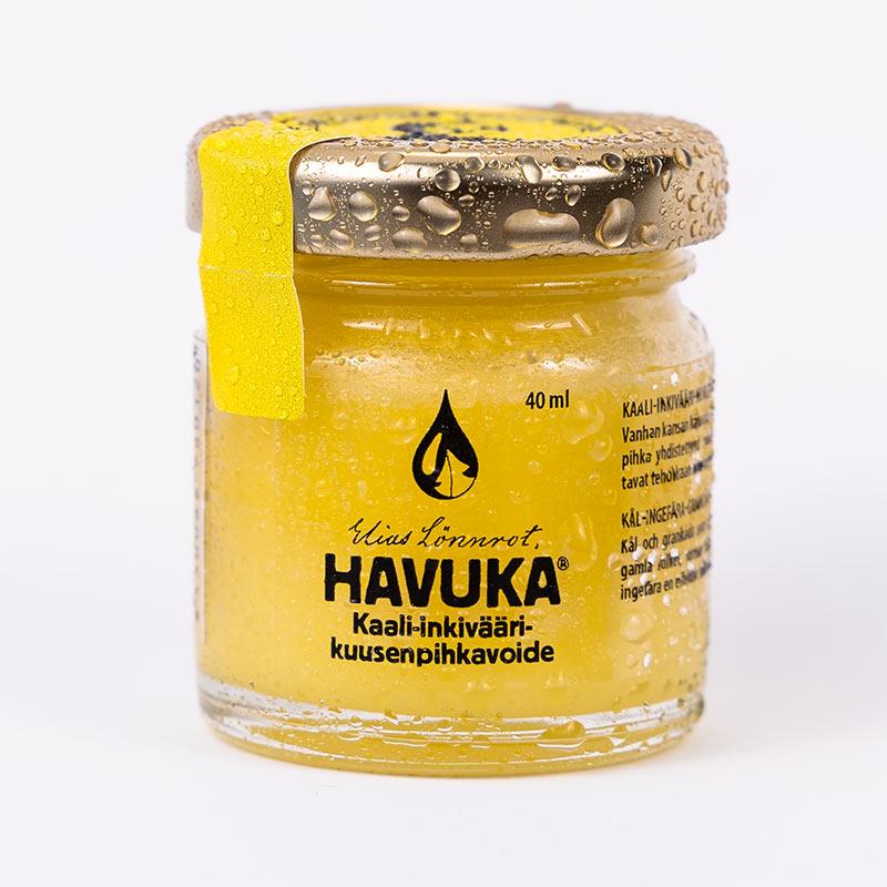 Havuka Kaali-inkivääri-kuusenpihkavoide 40ml lasipurkissa, jossa metallinen kierrekorkki.