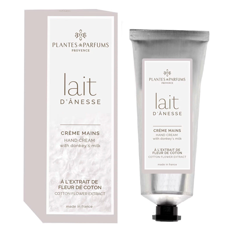 Plantes &amp; Parfums Provencen 75ml puuvillankukka-aasinmaitokäsivoide metallisessa tuubissa ja harmaansävyisessä kartonkipakkauksessa. 