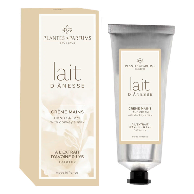 Plantes & Parfums Provencen 75ml kaura-lilja-aasinmaitokäsivoide metallisessa tuubissa ja beigensävyisessä kartonkipakkauksessa. 