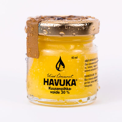 Havuka Kuusenpihkavoide 30% 40 ml lasipurkissa, jossa on kierrekorkki.