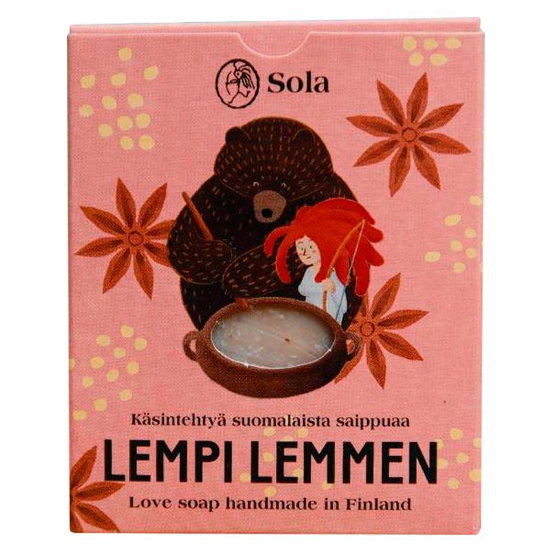 Solan Lempi lemmem -saippua suloisessa vaaleanpunaisessa pahvipakkaksessa, jota koristavat piirretyt punaiset kukat sekä saippuapataa sekoittavat karhu ja punahiuksinen tyttö.