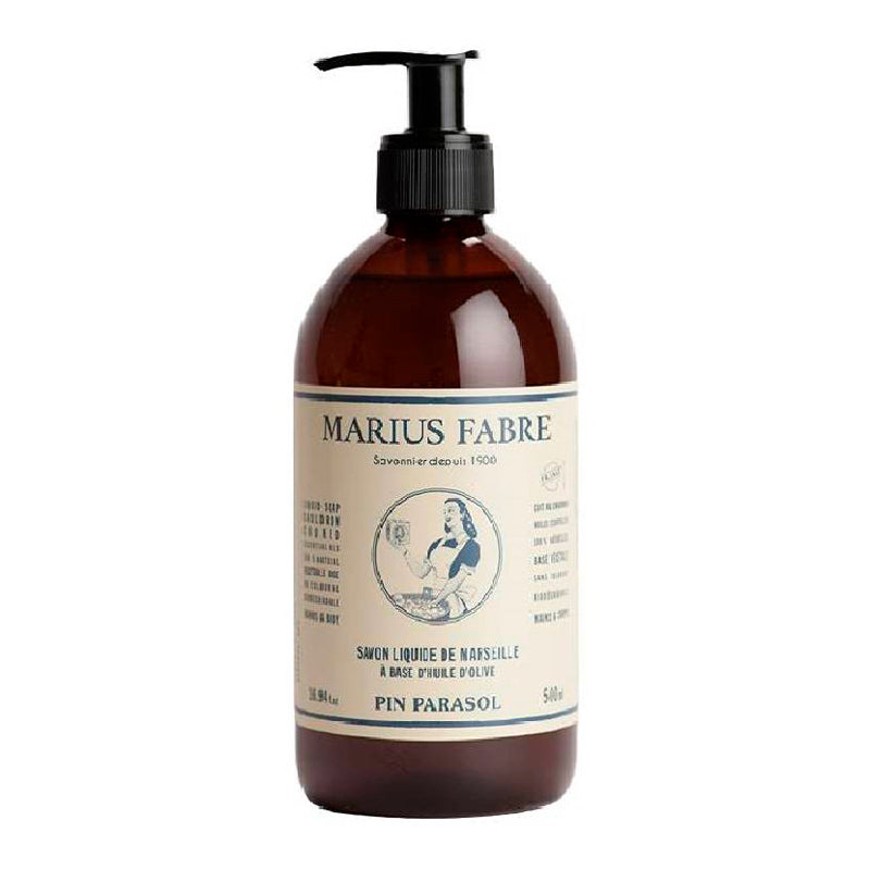 Marius Fabre oliivin ja männyn tuoksuinen nestemäinen marseillesaippua 500ml ruskeassa pumppupullossa.