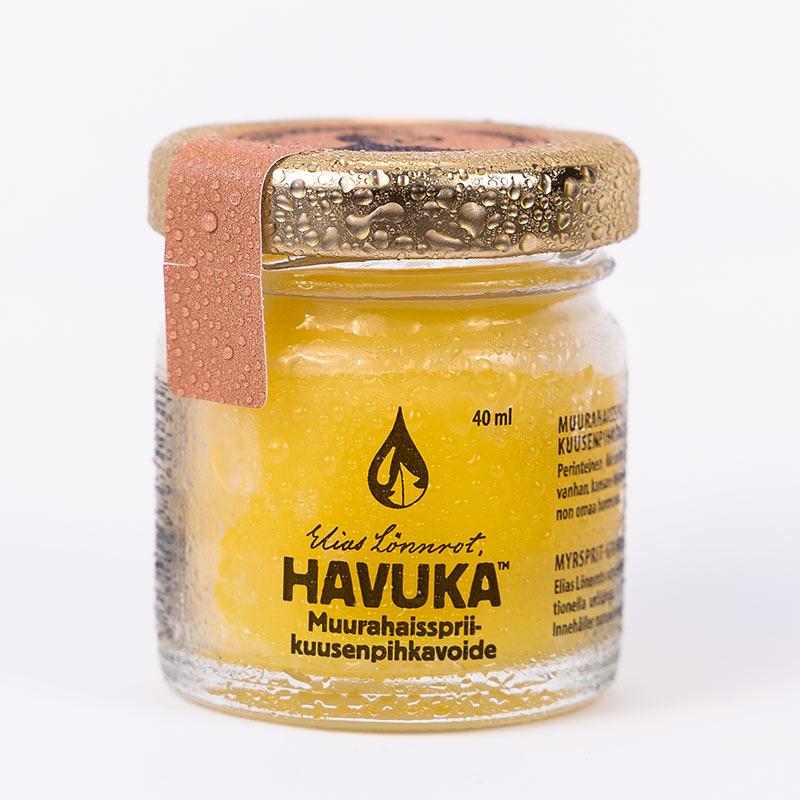Havuka Muurahaissprii-kuusenpihkavoide 40ml lasipurkissa, jossa metallinen kierrekorkki.