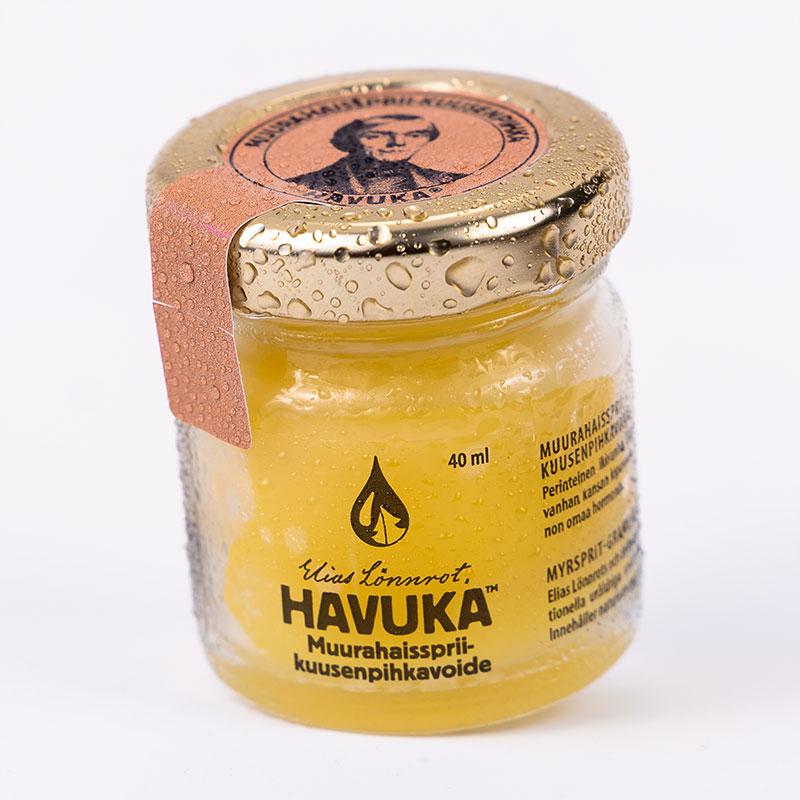 Havuka Muurahaissprii-kuusenpihkavoide 40ml lasipurkissa, jossa metallinen kierrekorkki.