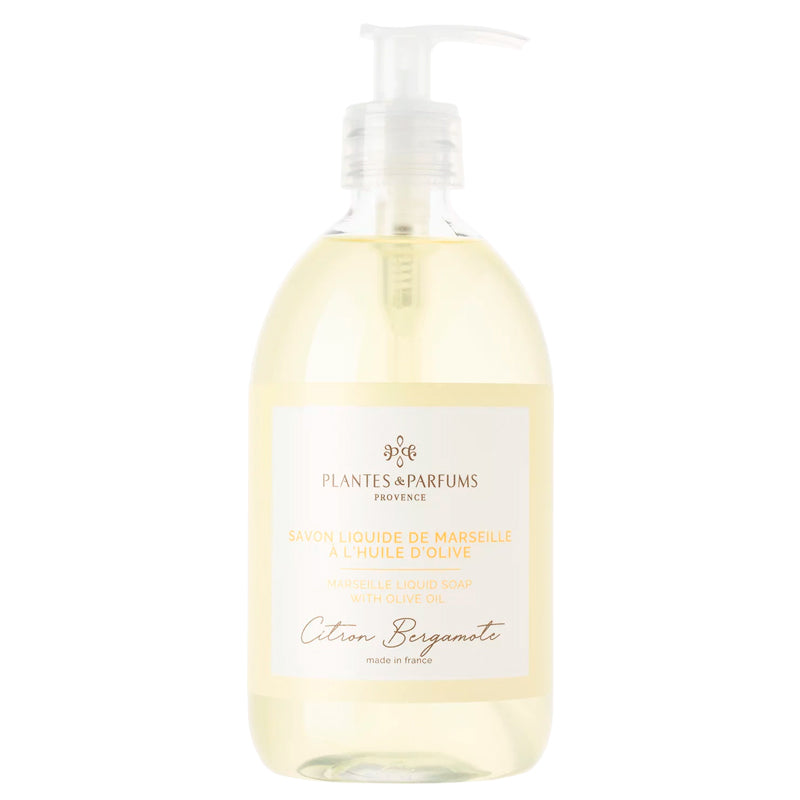 Plantes & Parfums Provencen bergamotintuoksuinen nestemäinen, heleän keltaisensävyinen, marseillesaippua 'Citron Bergamote' tyylikkäässä 500 ml kirkkaassa muovisessa pumppupullossa.