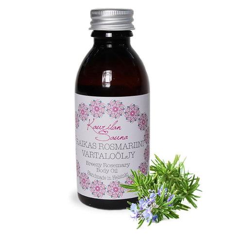 Kaurilan saunan 150ml Raikas rosmariini -vartaloöljy muovisessa kierrekorkillisessa pullossa, jossa on valkoinen, punertavin kuvioin koristeltu etiketti.