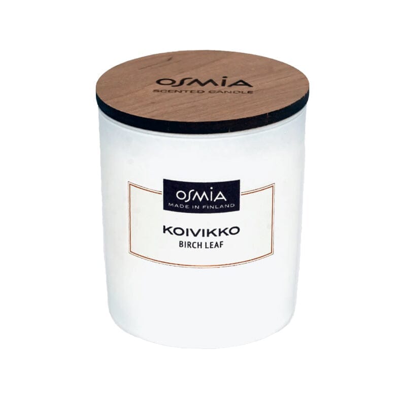 Osmia Koivikko -tuoksukynttilä 150 g valkoisessa lasisessa purkissa, jossa kaunis puinen kansi.
