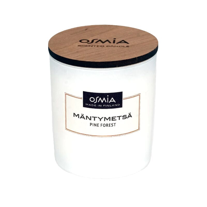 Osmia Mäntymetsä -tuoksukynttilä 150 g valkoisessa lasisessa purkissa, jossa kaunis puinen kansi. 