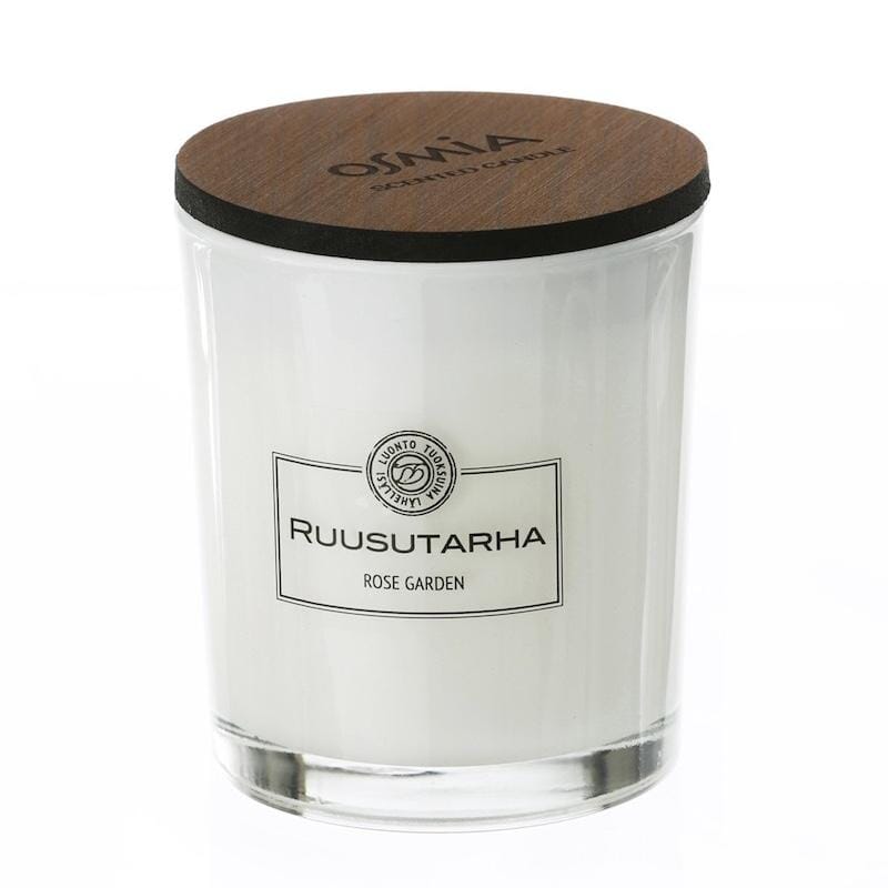 Osmia Ruusutarha -tuoksukynttilä 150 g valkoisessa lasisessa purkissa, jossa kaunis puinen kansi.