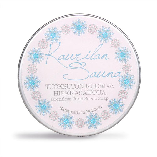 Kaurilan saunan tuoksuton kuoriva hiekkasaippua 110 g kierrekorkillisessa metallirasiassa.