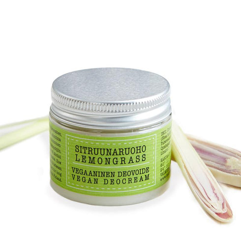 Kaurilan Saunan sitruunaruoholta tuoksuva deovoide kierrekorkillisessa muovipurkissa, jossa on vihreä etiketti.