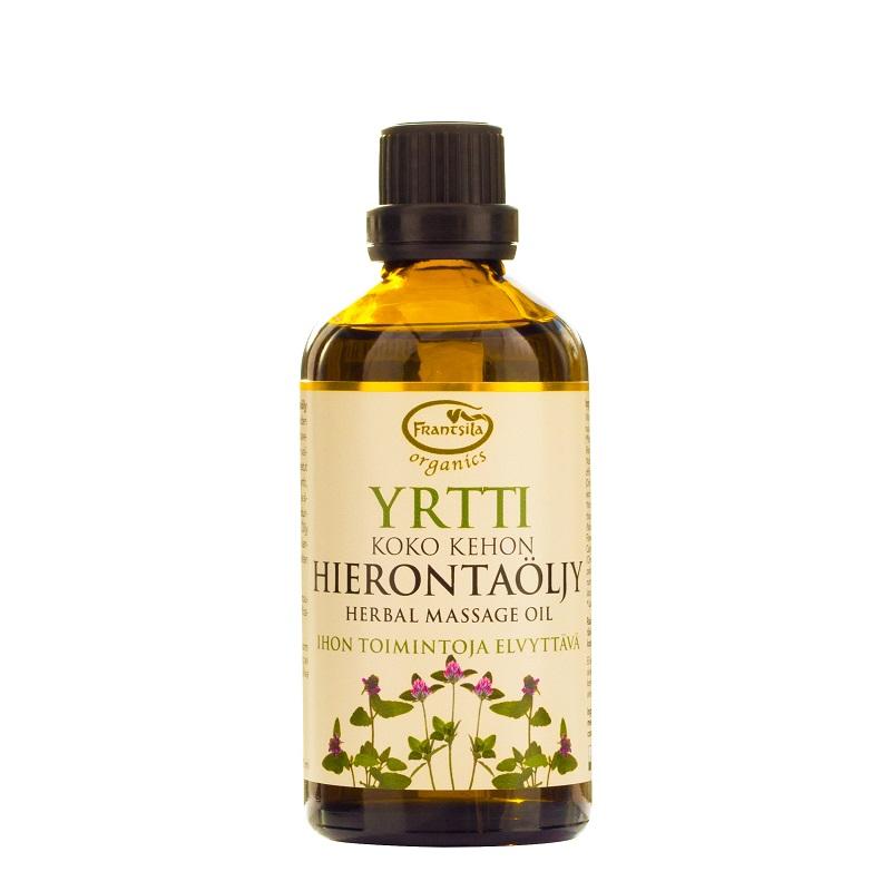 Frantsilan koko kehon Yrtti-hierontaöljy 100ml lasipullossa.